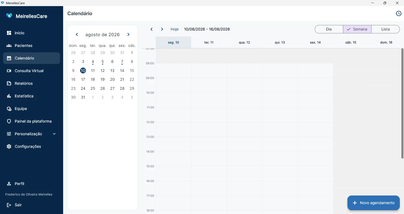 Calendário semanal de agendamentos do MeirellesCare